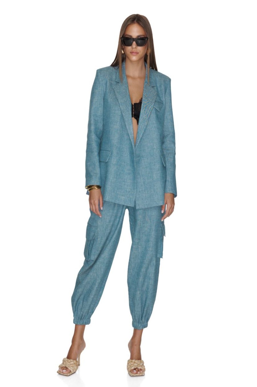 Clothing PNK Blazers | Blue-Green Oversized Cotton-Linen Blazer