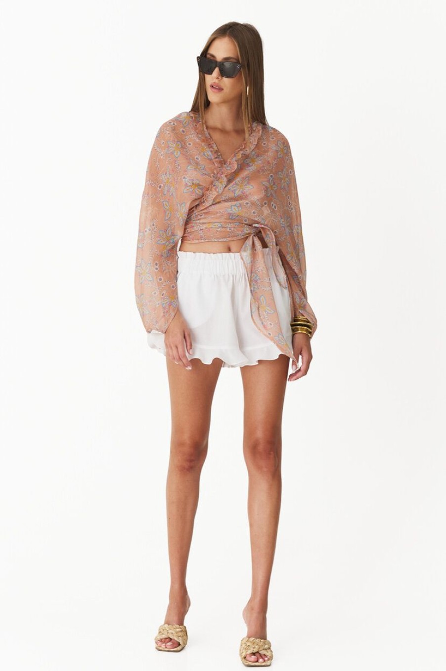 Clothing PNK Coats | Brick-Orange Wrap Printed Linen-Silk Blouse